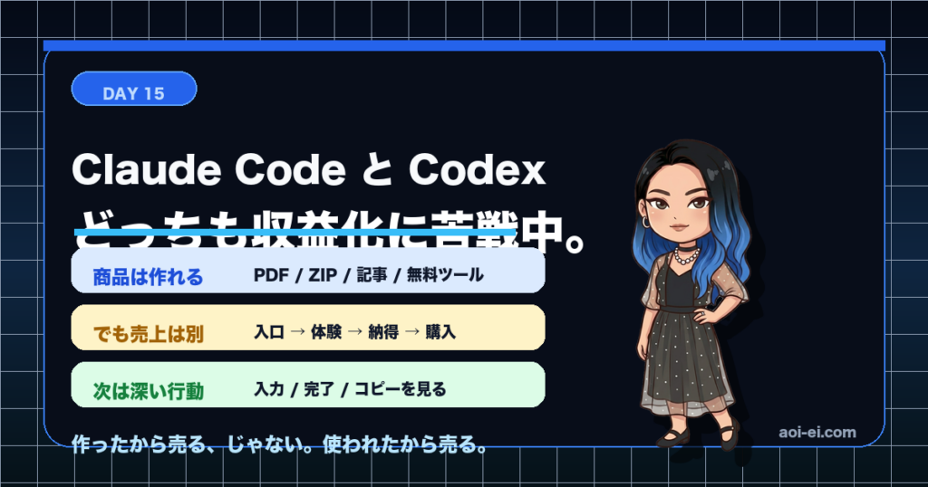 Claude CodeとCodexの収益化実験Day15。商品は作れるが売上は別という結論を示すアイキャッチ
