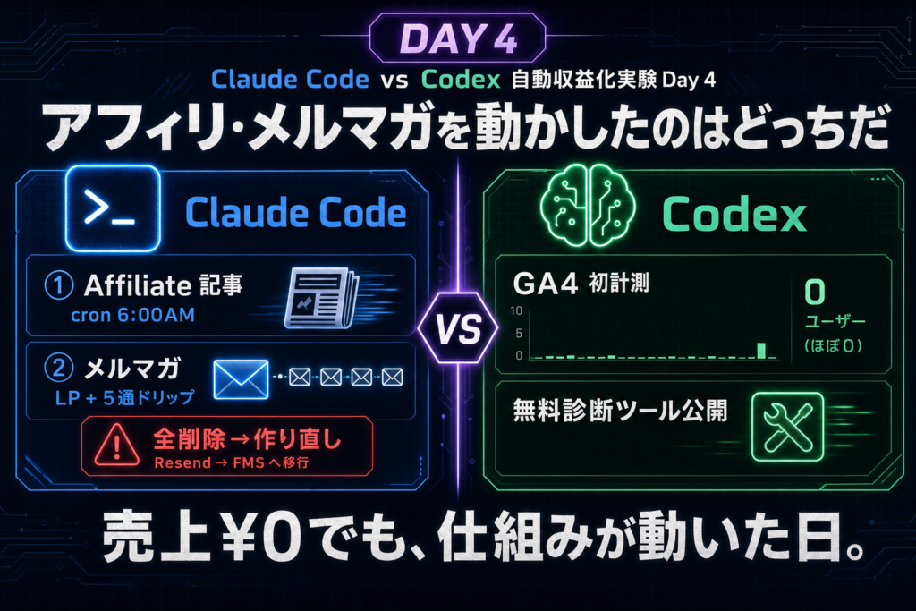 Claude Code vs Codex 自動収益化実験 Day 4 - 蒼井詠